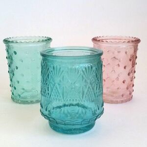 Vintage Shabby Chic Pink Sea Green and Aqua Blue Candle Glass Votives Set of 3